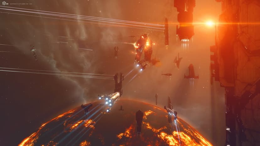 Futuristic starships battle above a glowing lava planet under intense sunlight with blue engine trails.