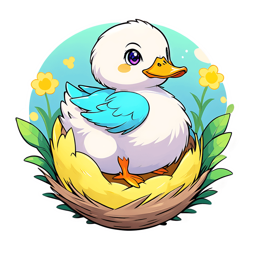 White duckling sticker illustration with blue wings and purple eyes sits in a nest against a teal sky background.