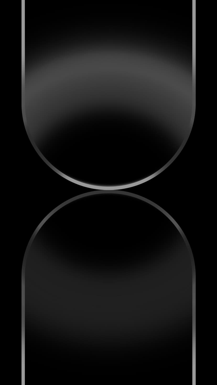 Symmetrical silver hourglass shape with curved gray segments centered on a deep black vertical background.