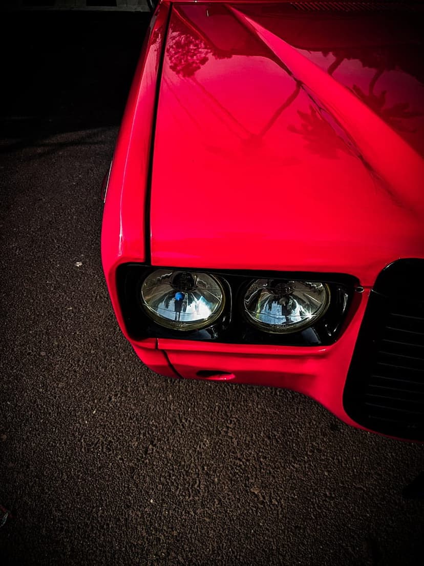 Vintage red car hood and dual headlights reflecting tree branches on a dark asphalt road surface.