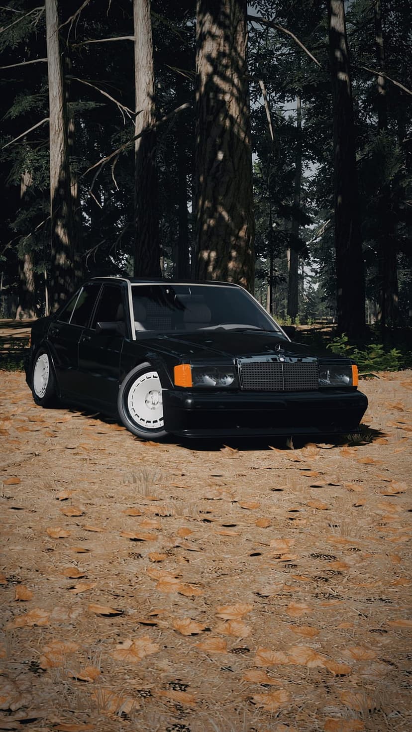 Vintage black sedan parked on a thick layer of orange autumn leaves under tall trees with dappled sunlight.