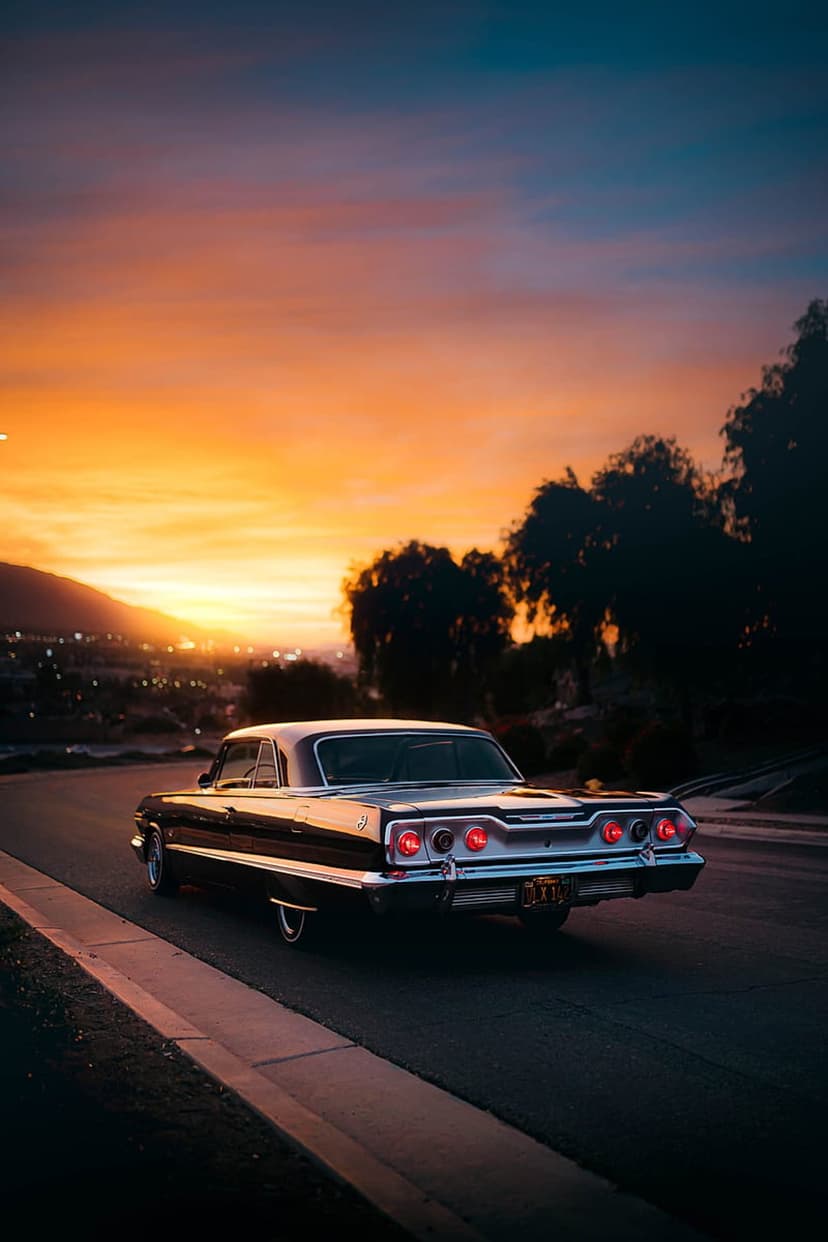 Black vintage Chevrolet Impala driving on a winding road during a vivid orange and purple sunset with city lights.