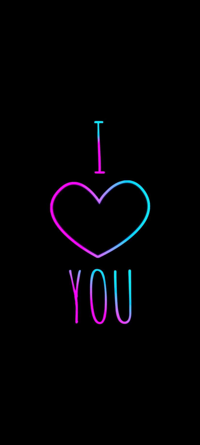 Neon heart sign with pink and blue gradients glowing against a black background with a romantic message.