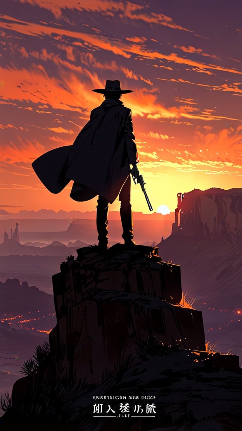 Cowboy in a duster coat holds a rifle on a cliff edge against a purple and orange desert sunset horizon.