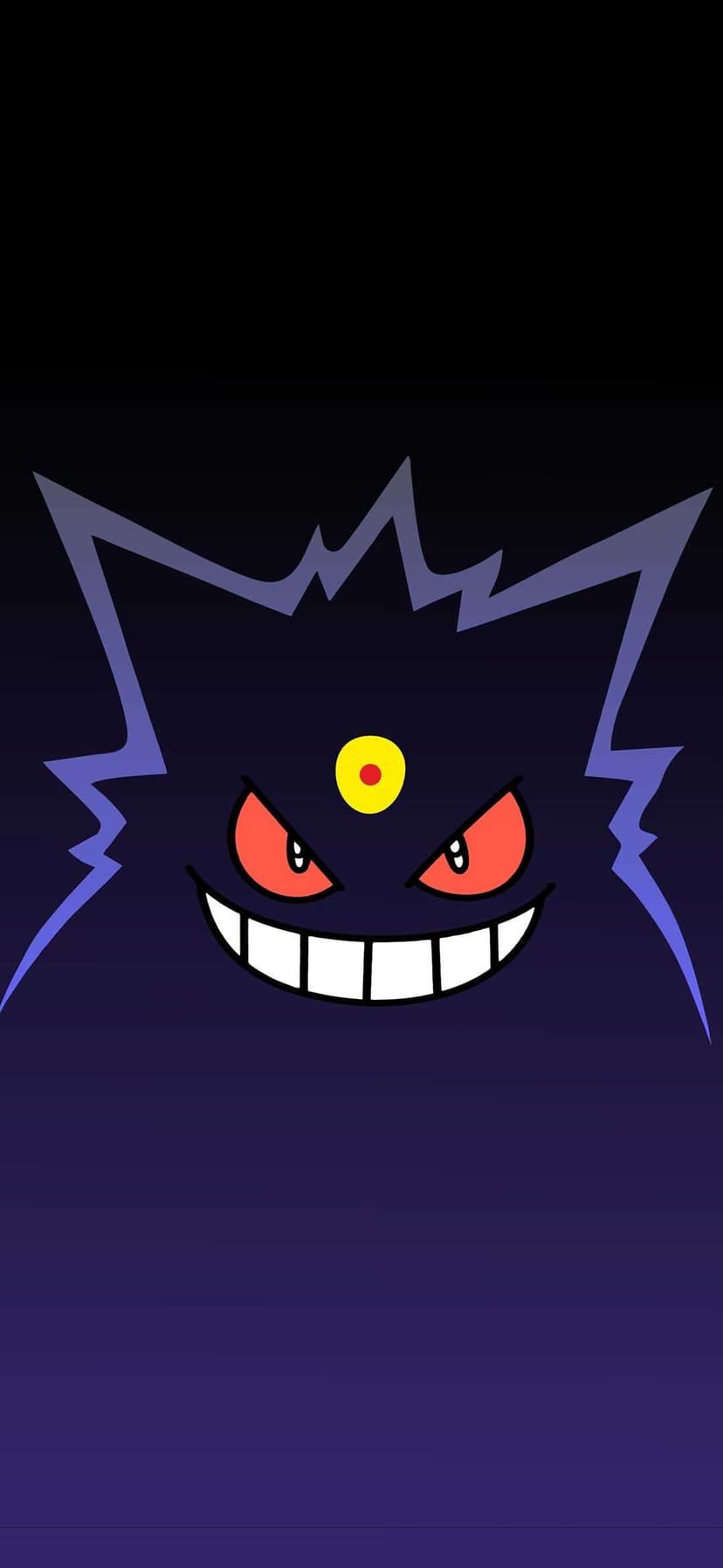 Stylized Gengar face with glowing red eyes, white grin, and a yellow forehead gem on a dark purple gradient.