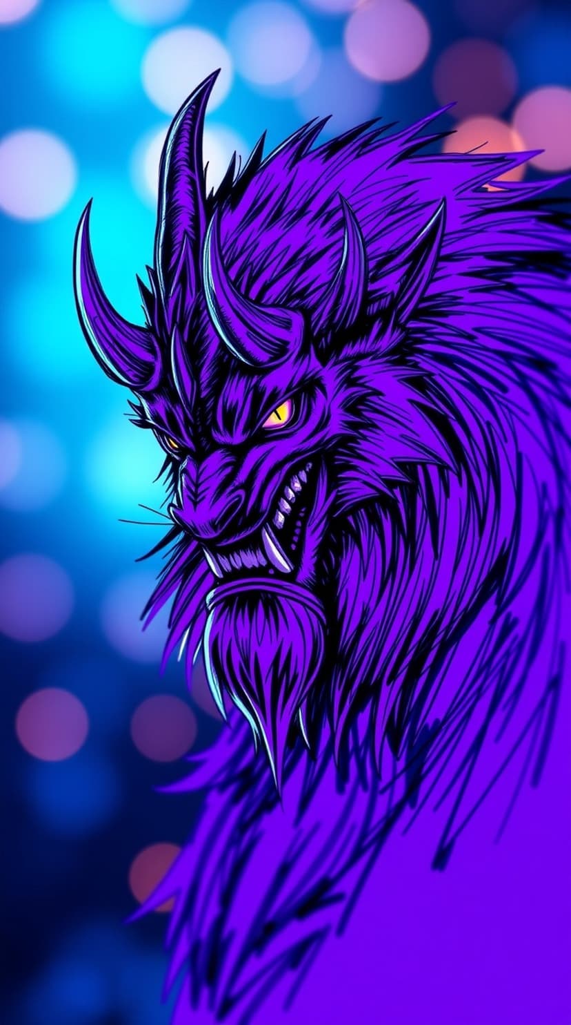 Horned purple creature with glowing yellow eyes and sharp fur against a soft pink and blue bokeh background.