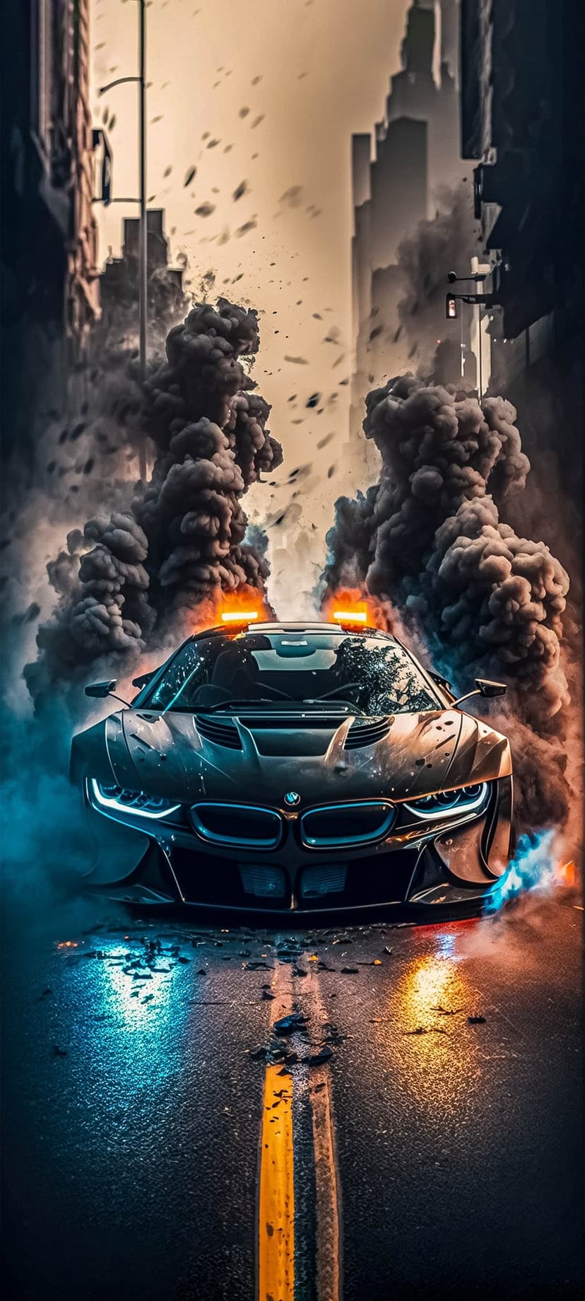 BMW i8 sports car with glowing blue headlights sits on a wet road surrounded by thick smoke and rubble.