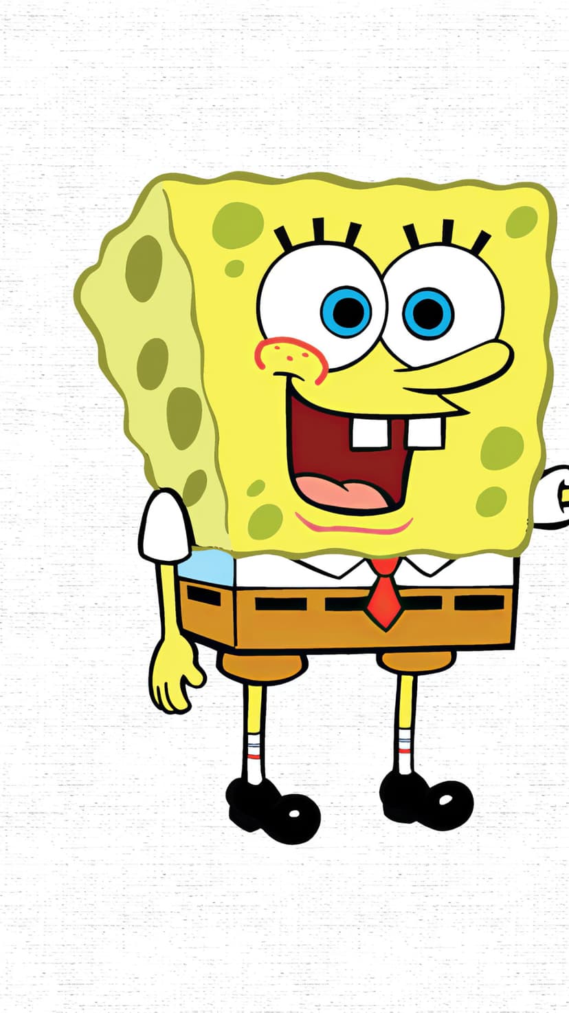 SpongeBob SquarePants stands smiling with large blue eyes and buck teeth against a solid white background.