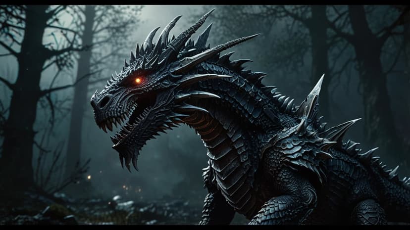 Black dragon with glowing orange eyes and sharp spines emerges from a misty forest of silhouetted trees.