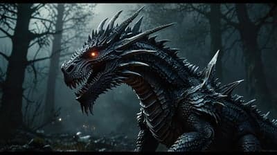 Dark Dragon with Glowing Eyes in Misty Forest