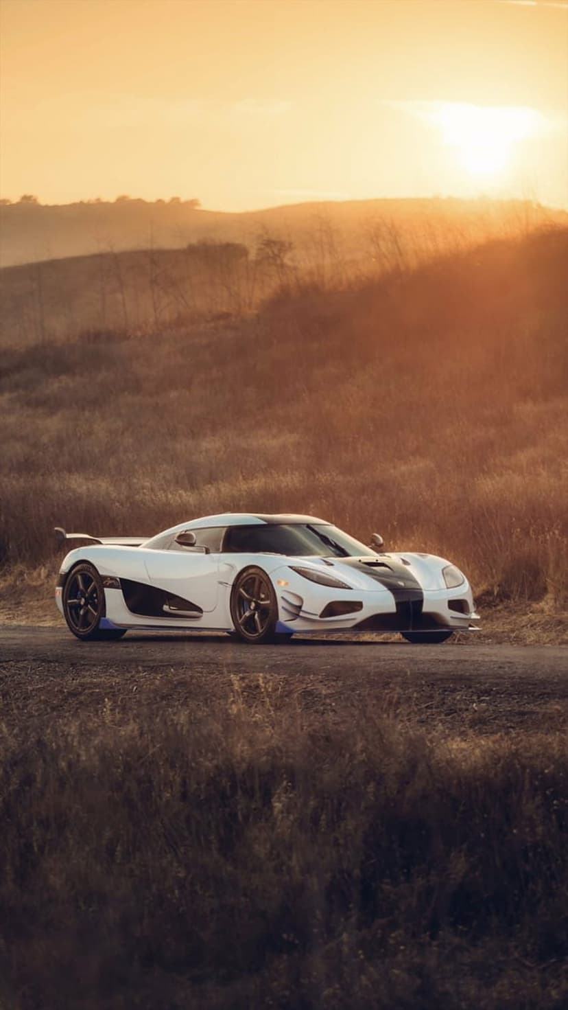 White Koenigsegg Agera RS with black stripes parked on a dirt road in tall grass under a golden sunset sky.