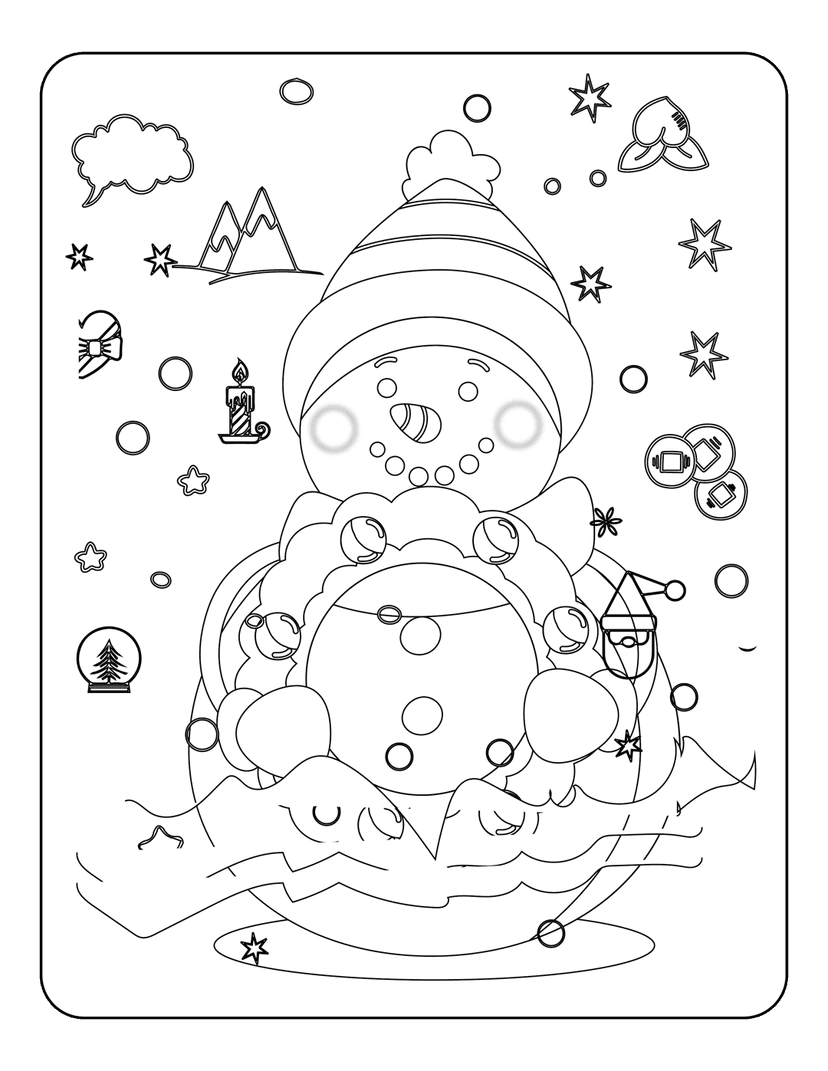Snowman coloring page with festive elements including a snow globe, candle, and stars in black line art style.