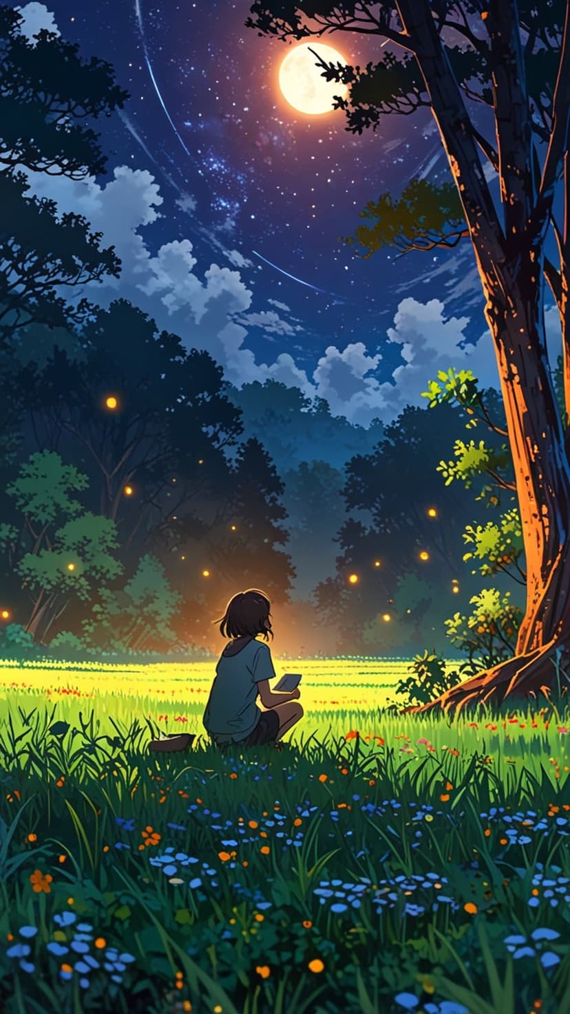 Person sitting in a wildflower meadow under a large full moon with floating glowing orbs and a starry night sky.