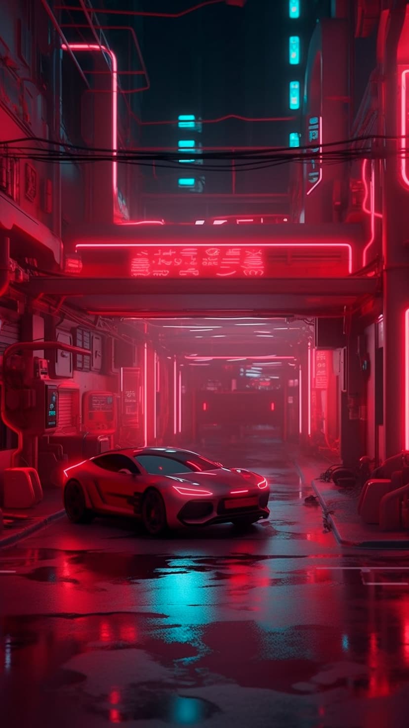 Futuristic sports car parked in a wet alleyway with vibrant red and blue neon light reflections on the pavement.