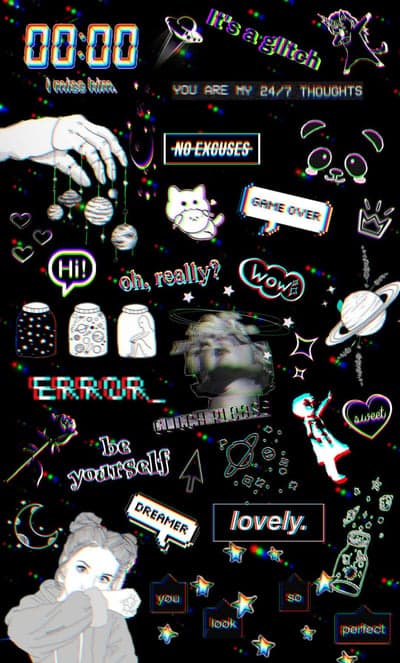 Glitchy Aesthetic Collage with Emojis and Text