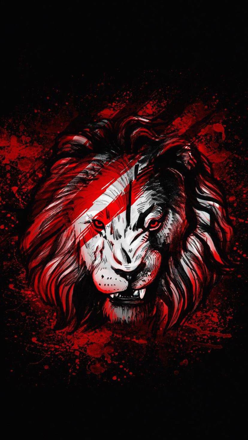 Lion head with a red stripe and glowing eyes emerges from black and white paint splatters on a vertical display.