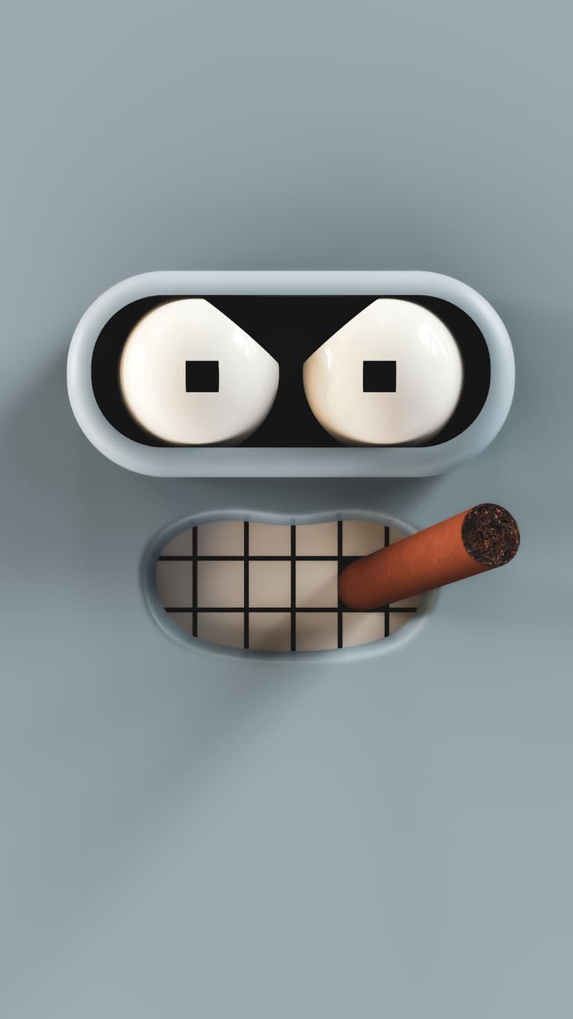 Bender the robot from Futurama glares forward with a lit cigar between his teeth against a gray background.