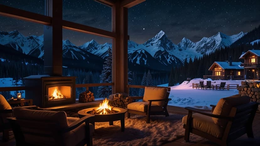 Stone fireplace glowing in a log cabin with large windows overlooking snow-capped peaks under a starry night sky.