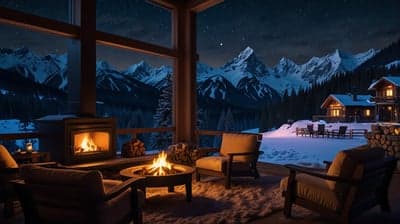 Cozy Mountain Cabin Fireplace with Snowy Landscape
