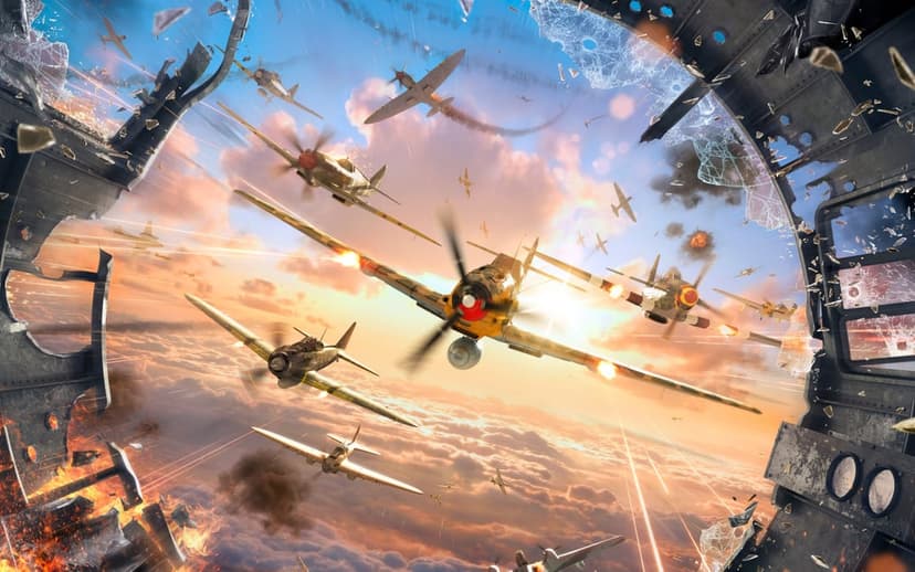 World War II fighter planes engage in a chaotic sunset dogfight viewed from a shattered cockpit.