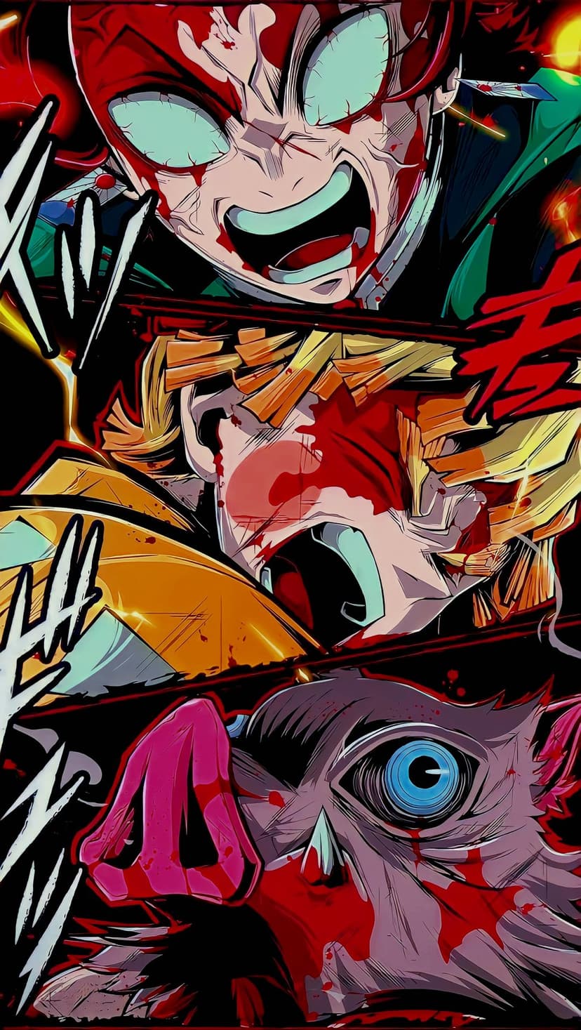 Tanjiro, Zenitsu, and Inosuke with blood splatters on their faces and clothes during a fierce combat scene.