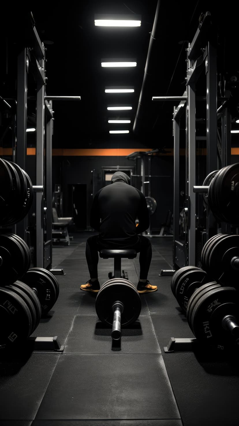 Man in a black hoodie sits on a gym bench facing away from the camera near a loaded barbell and weight racks.