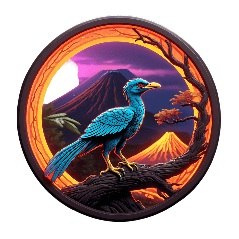 Blue bird sticker with red eyes sits on a branch inside a glowing ring against a purple volcano landscape.