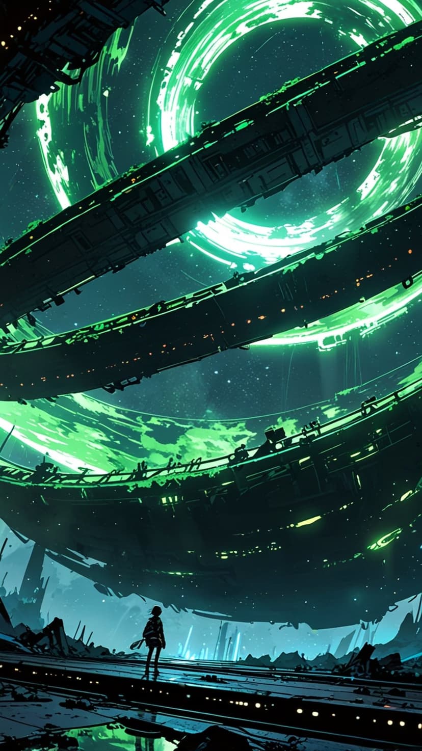 Silhouette of a person standing on a ledge watching a massive glowing green ring float in a dark starfield.