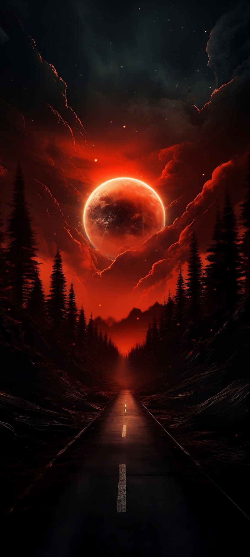 Blood-red moon rising behind silhouetted pine trees over a dark, empty road vanishing into the horizon.