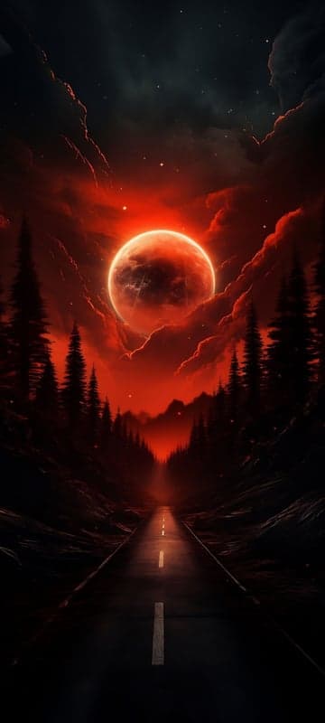 Crimson Moon Over Dark Forest Road