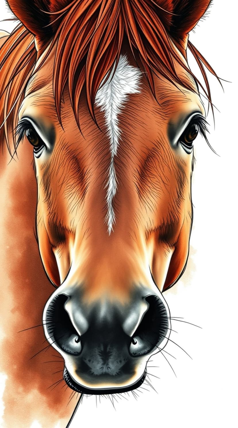 Chestnut horse face with a flowing mane and dark expressive eyes captured against a solid white background.
