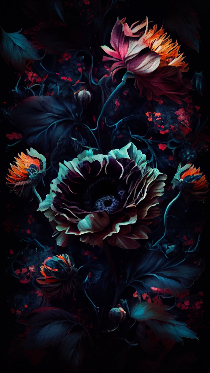 Multi-layered purple and teal flower surrounded by small orange blossoms against a stark black background.