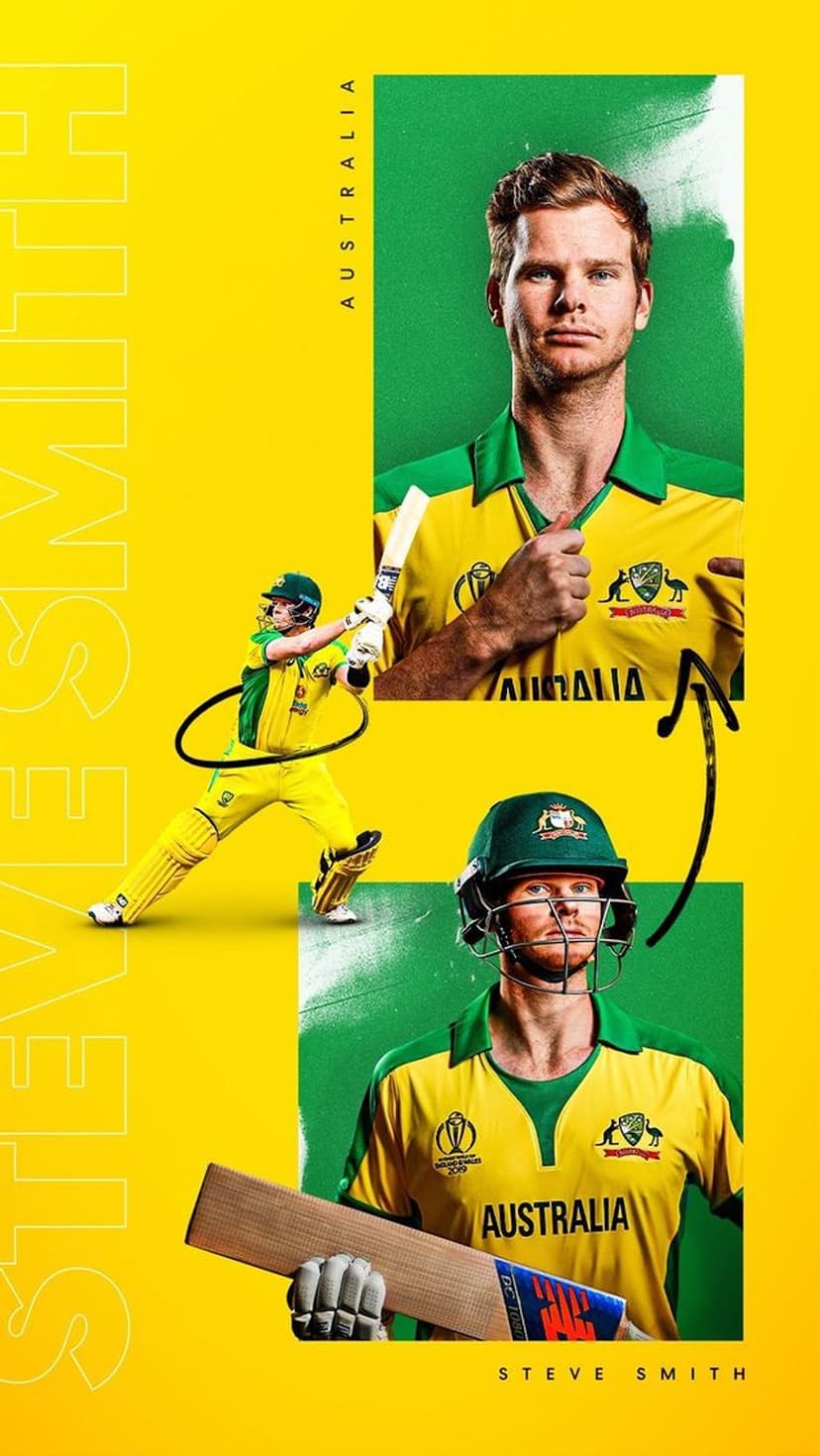 Steve Smith in a yellow and green cricket collage with action batting shots and a close-up helmet portrait.