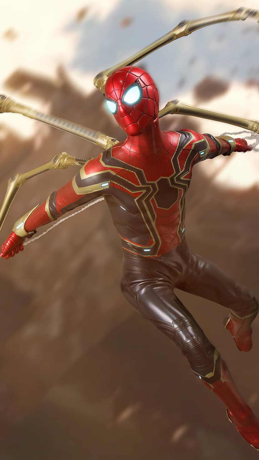 Spider-Man wears a red and gold metallic suit while shooting a web against a blurred earthy background.