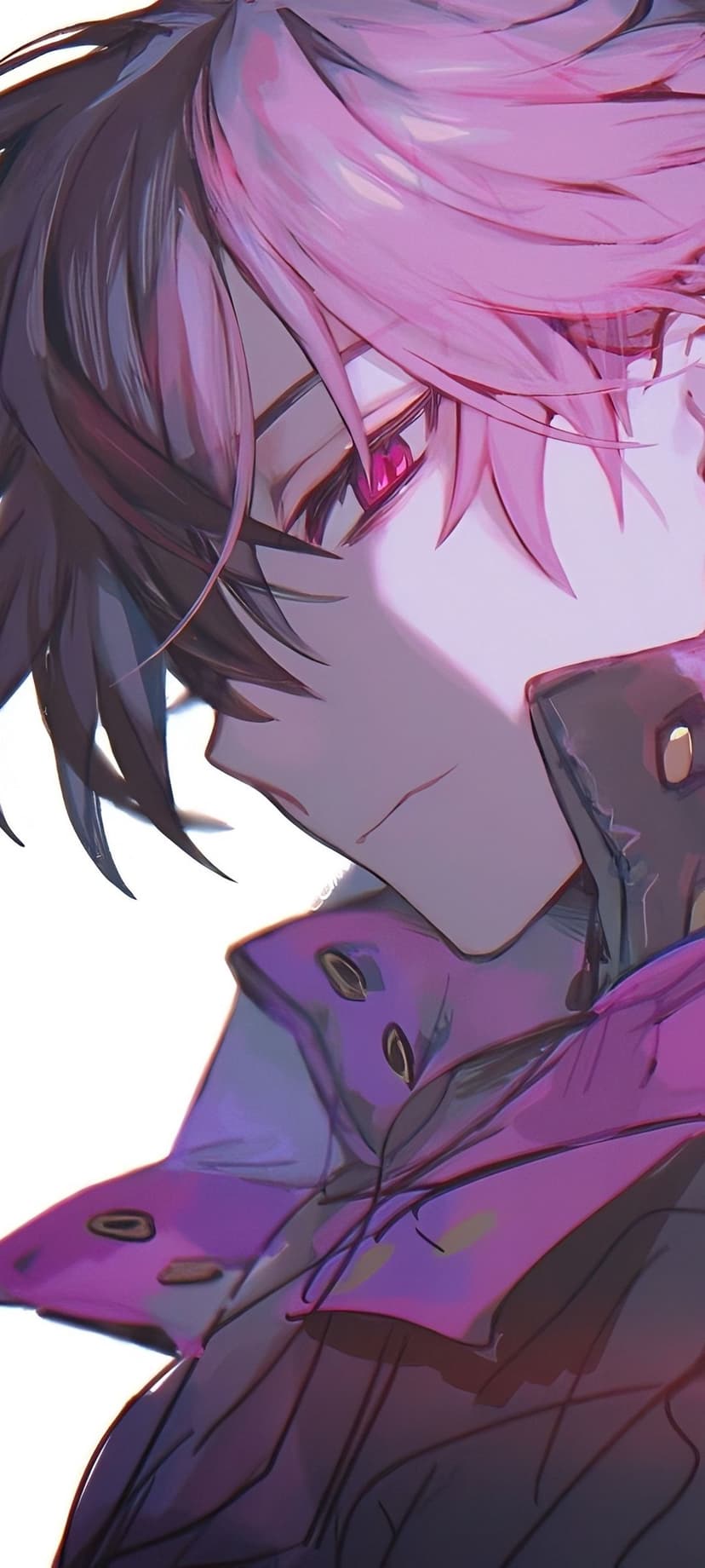 Young man with neon pink hair and glowing crimson eyes wearing a dark jacket in a moody vertical portrait.