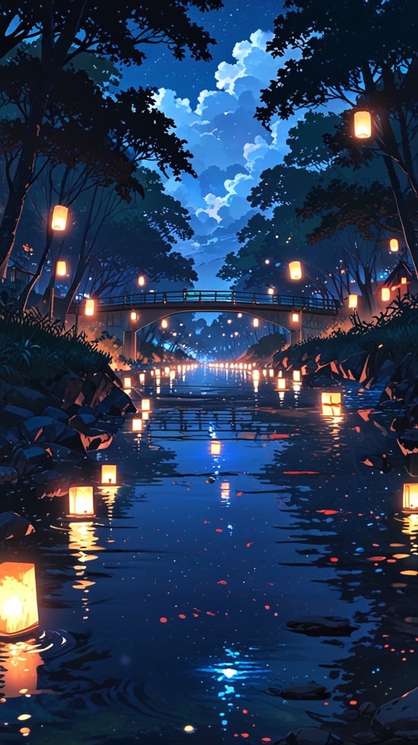 Glowing paper lanterns float on a dark river under a starry sky with an arched bridge and silhouetted trees.