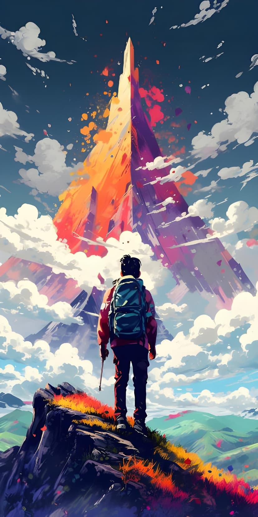 Hiker stands on a rocky ledge looking at a glowing orange mountain peak under a swirling blue and white sky.