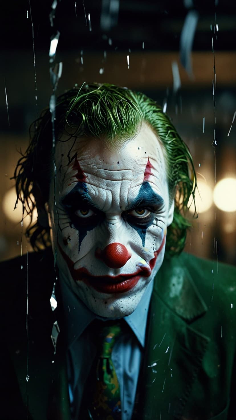 Joker stares through falling water with green hair and smeared face paint in a vertical cinematic close-up shot.