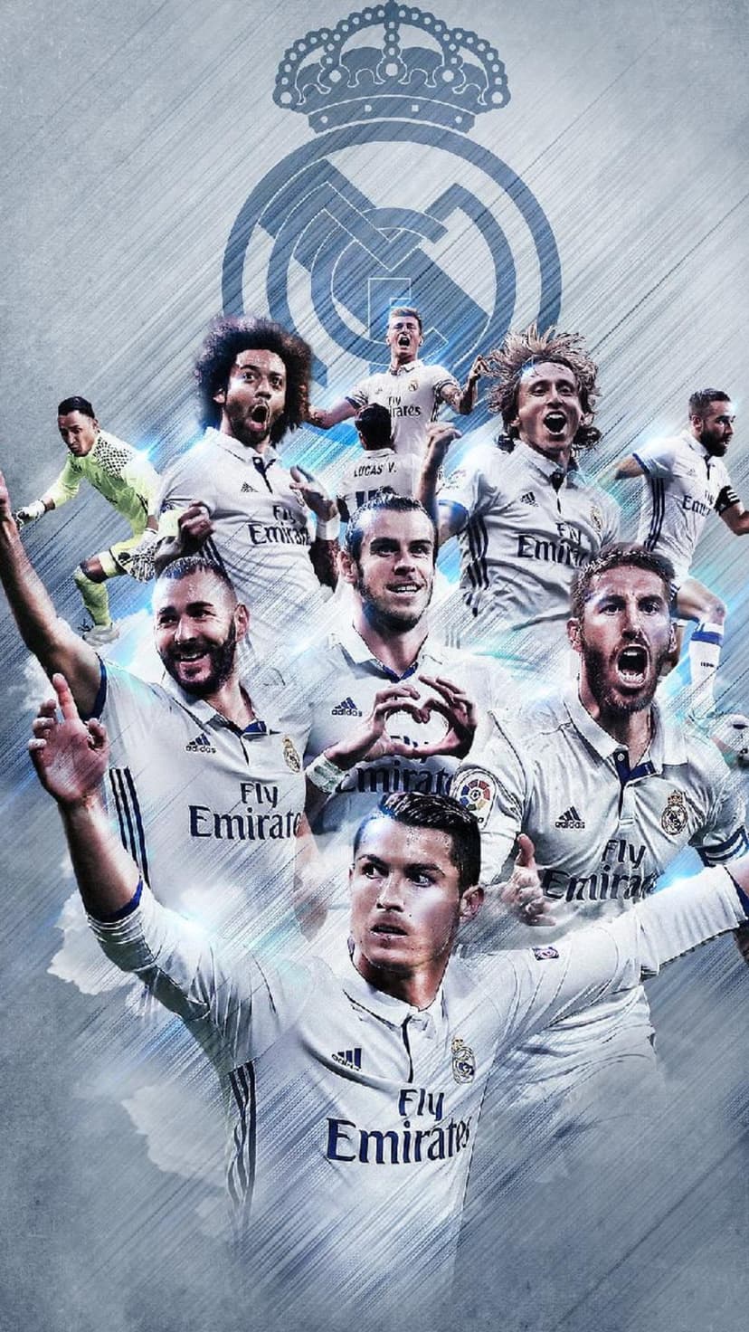 Cristiano Ronaldo and Sergio Ramos lead a collage of football players in white kits against a blue background.