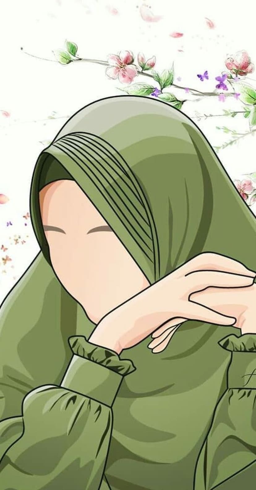 Woman in a green hijab rests her head on her hands amid swirling pink flowers and small flying butterflies.