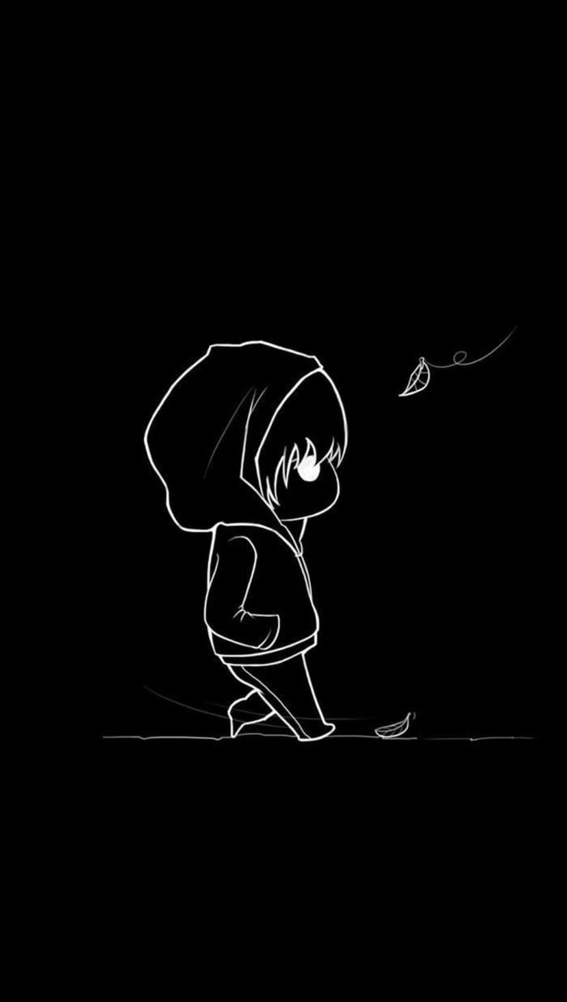 Sad anime child in a hoodie walks alone as a single leaf drifts down in a minimalist black and white scene.