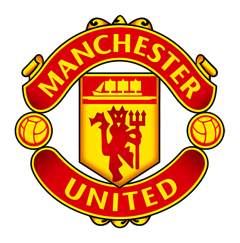 Manchester United football crest featuring a red devil holding a trident inside a circular gold and red frame.