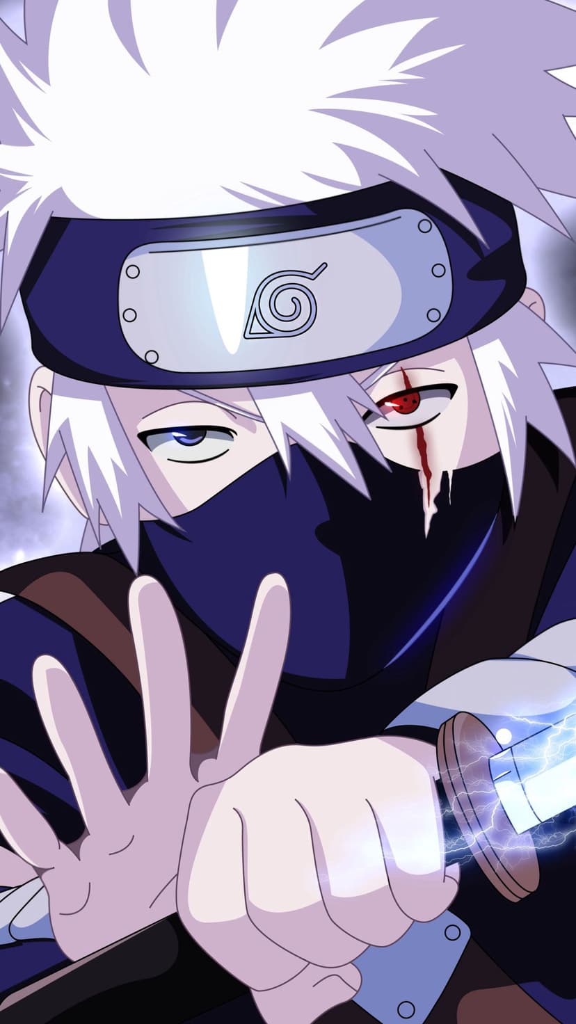 Kakashi Hatake glows with a red Sharingan eye while holding a crackling blue lightning blade in his hand.