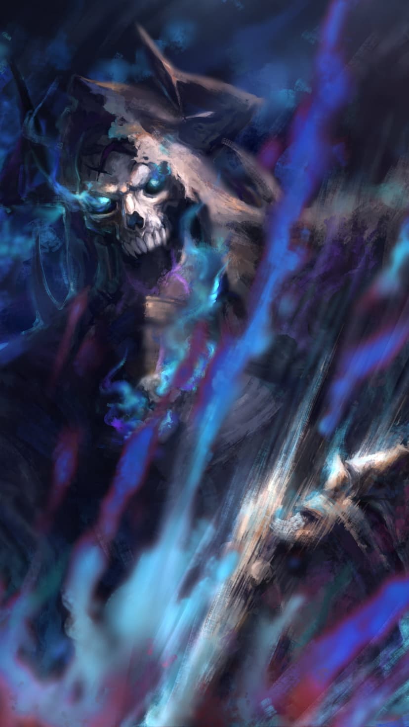 Skeletal reaper with glowing blue eyes stands enveloped in swirling purple and azure flames against a dark void.