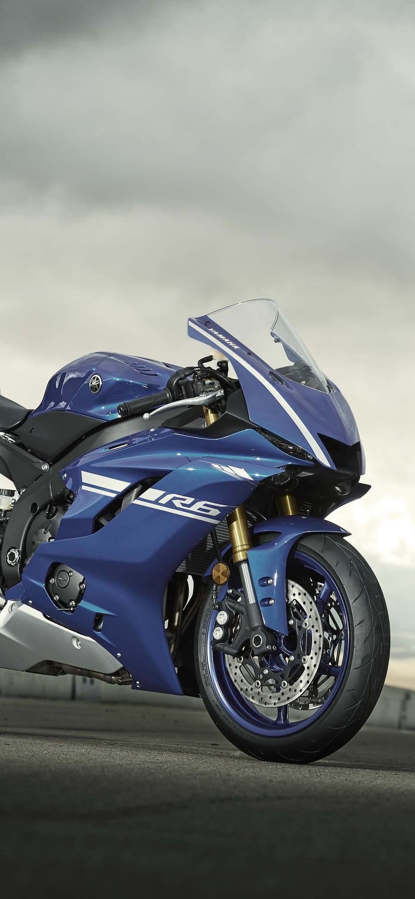 Front view of a blue Yamaha R6 motorcycle with gold forks and white decals against a cloudy sky.