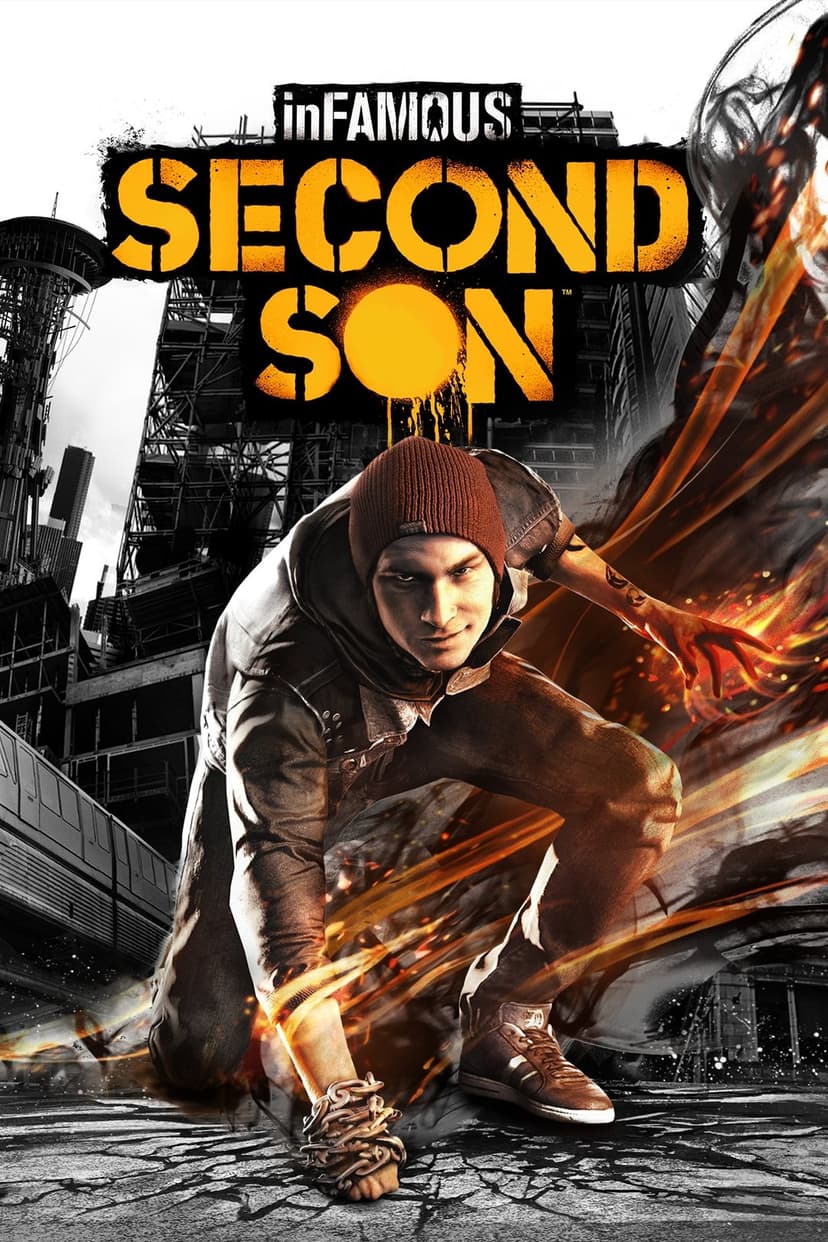 Delsin Rowe crouches with glowing smoke powers against a black and white Seattle skyline with the Space Needle.