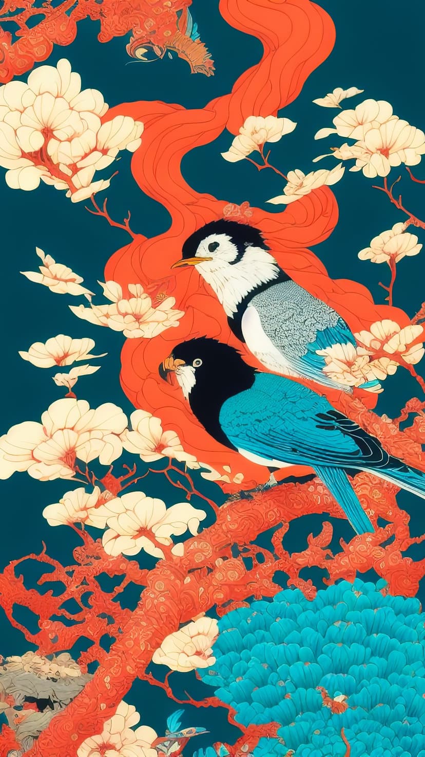 Two songbirds on flowering branches with swirling red ribbons against a dark teal and emerald background.
