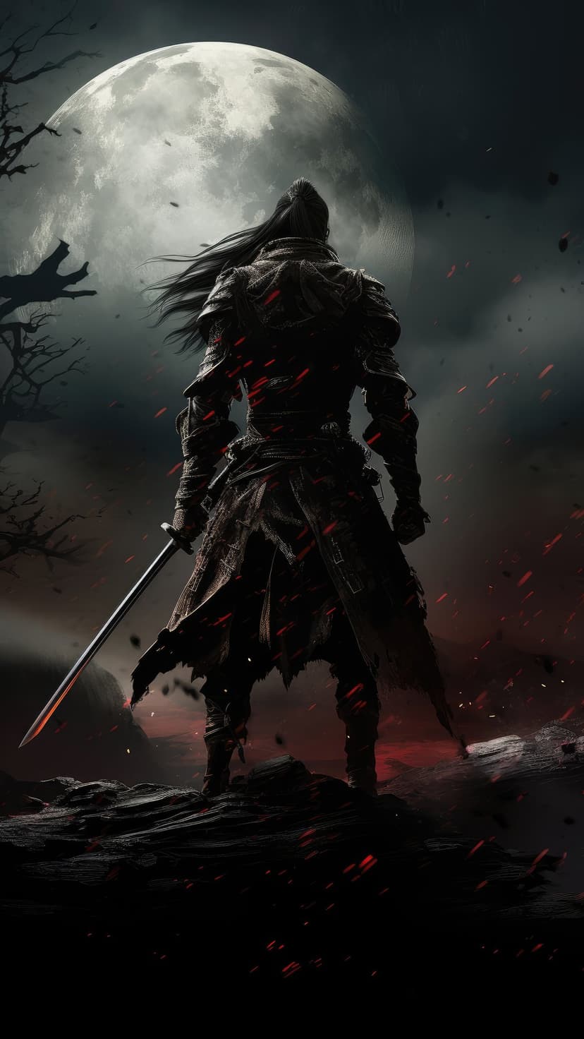 Dark warrior in tattered armor holds a glowing red sword while standing on rocky ground under a massive full moon.