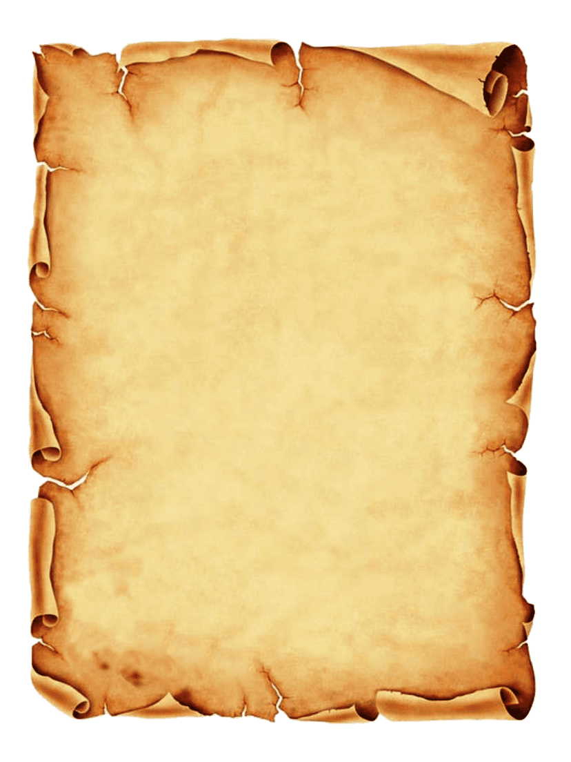 Parchment scroll illustration showing rolled edges, yellowed fibrous paper texture, and distressed tattered borders.