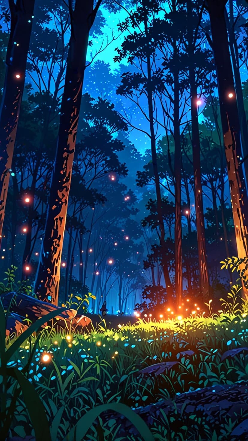 Glowing fireflies hover over blue flowers and mossy ground beneath tall trees in a dark mystical forest at night.